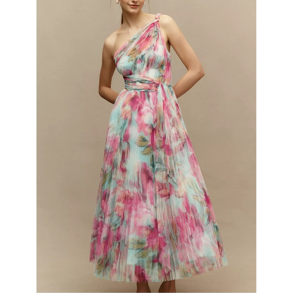 Hutch Philippa One Shoulder Floral Tulle Midi Dress Pink Mint Size 2 NWT